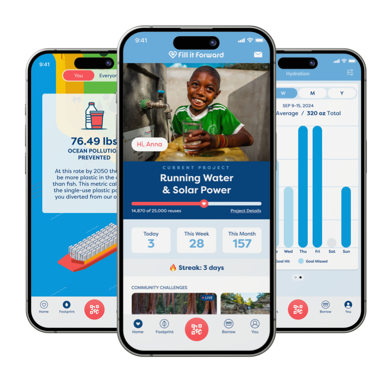 phone screens showing Fill it Forward home screen and statistics