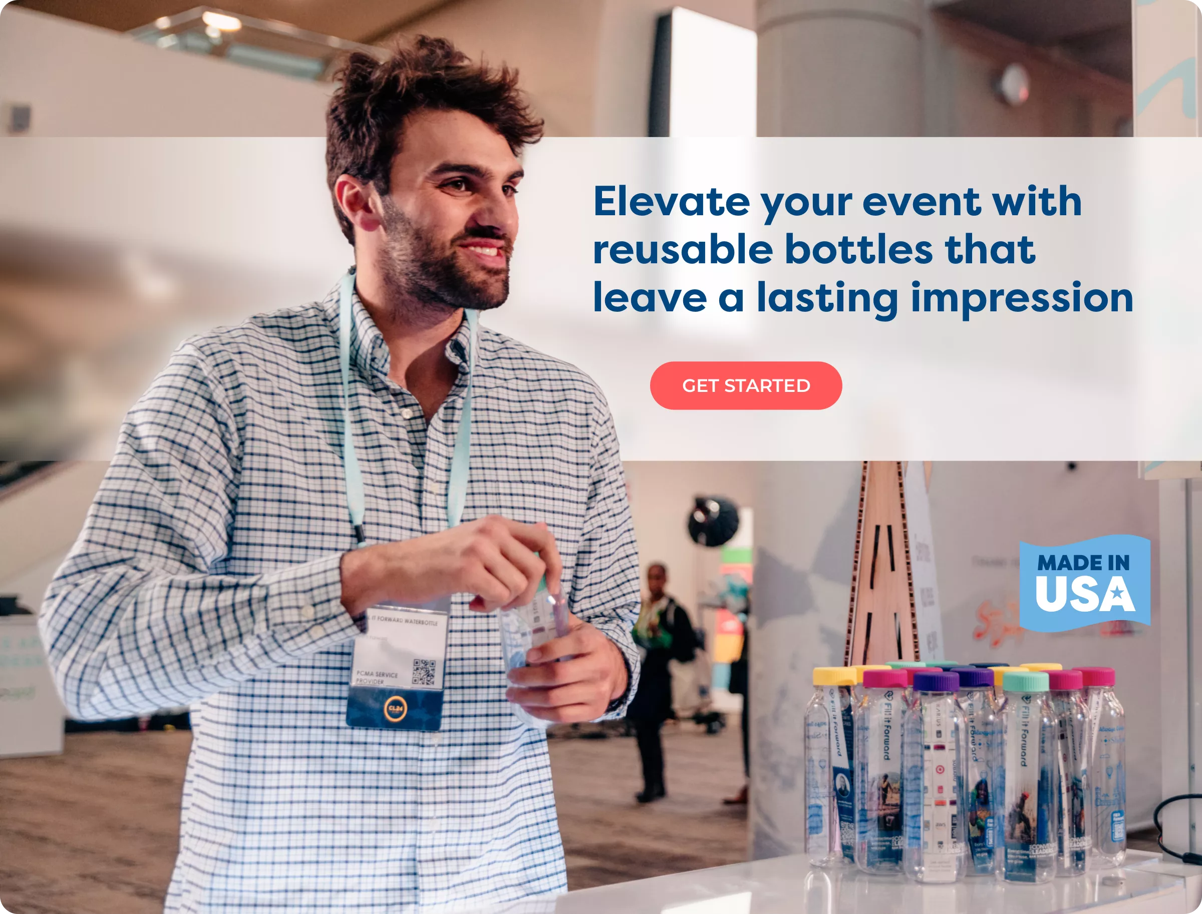 Header with man holding cupanion bottle and text box with Elevate your event with reusable bottles that leave a lasting impression
