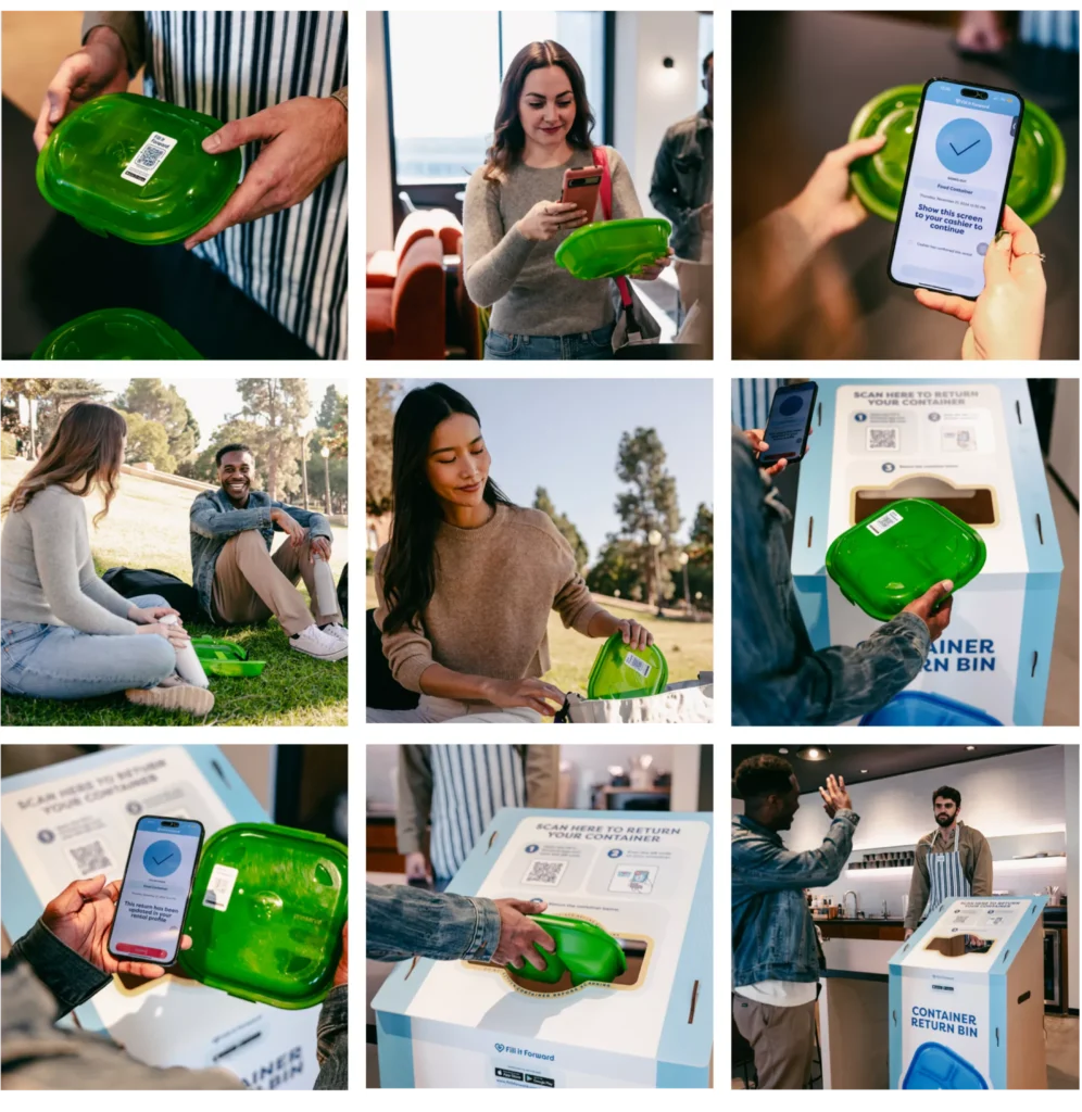 A collage of images of people holding reusable containers and using the Fill it Forward Borrow app.